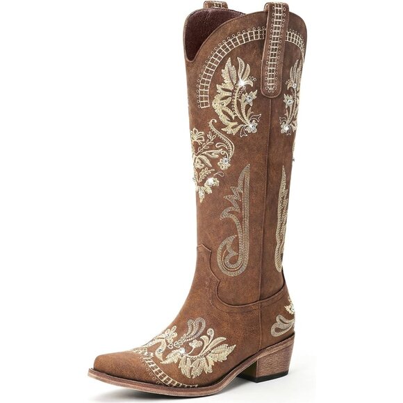 Women Polyurethane Brown Rhinestone Embroidered Chunky Heel Knee High Tall Boots - Picture 1 of 4